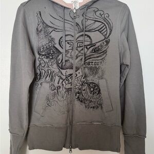 Roxy Gray Graphic Zip Up Sweater